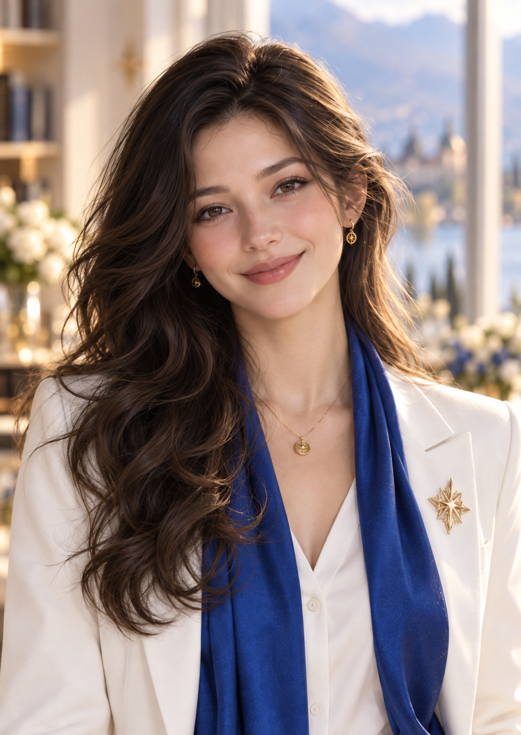 Delta in a white suit and royal-blue scarf, smiling in her luminous office